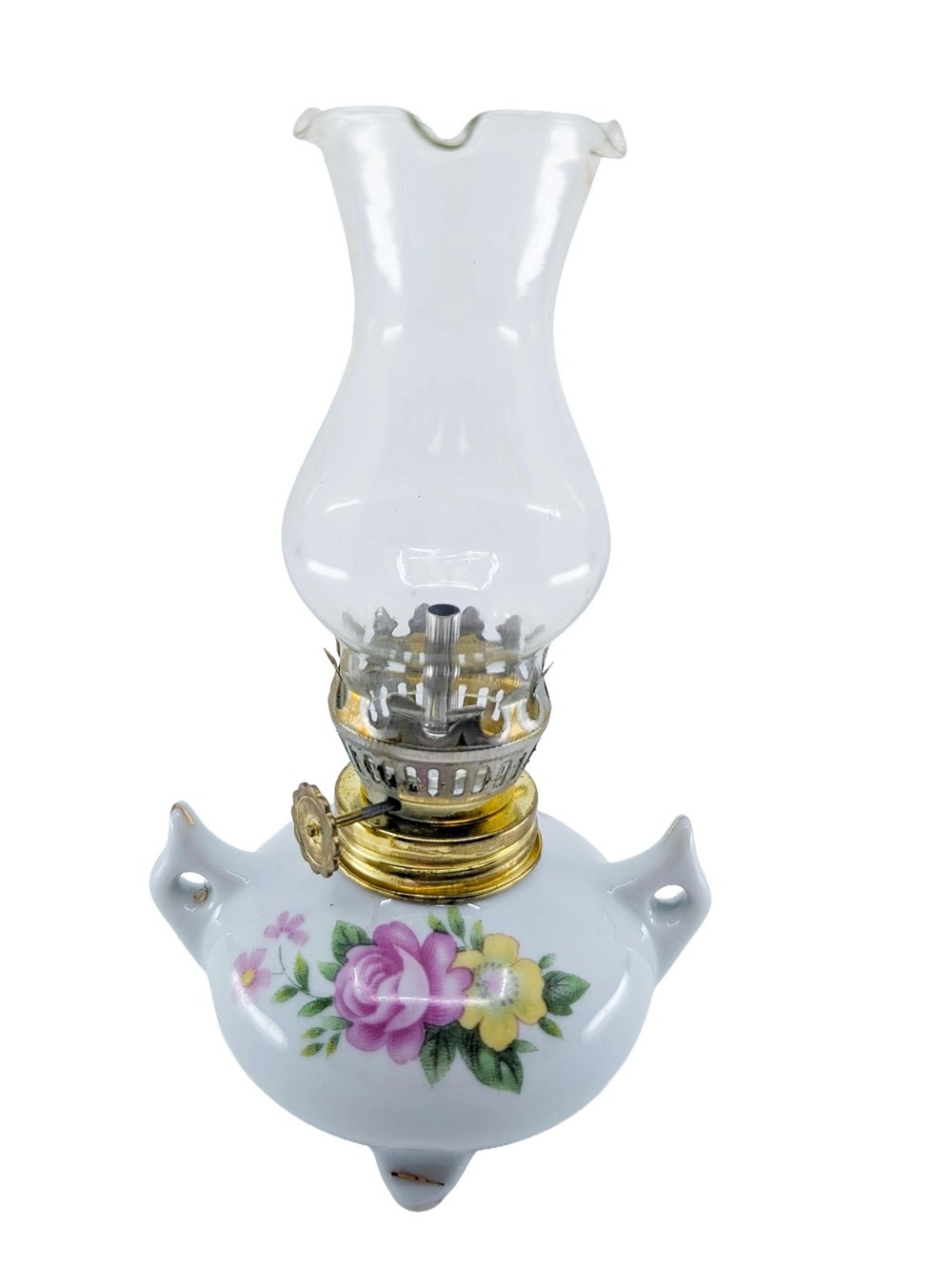 Vintage Ceramic Floral Hurricane Oil Lamp Double Handle Glass Chimney